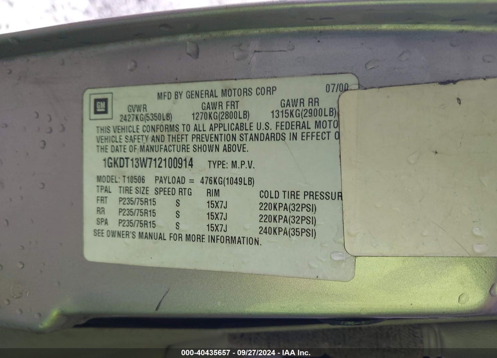 2001 GMC JIMMY SLE VIN: 1GKDT13W712100914