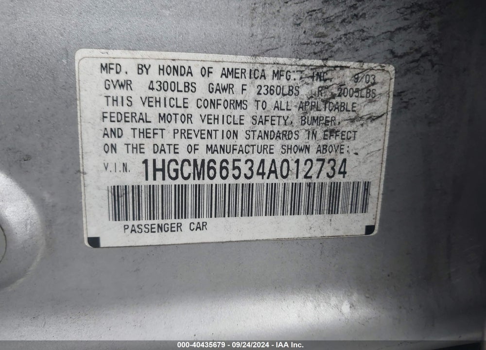 2004 HONDA ACCORD 3.0 EX VIN: 1HGCM66534A012734