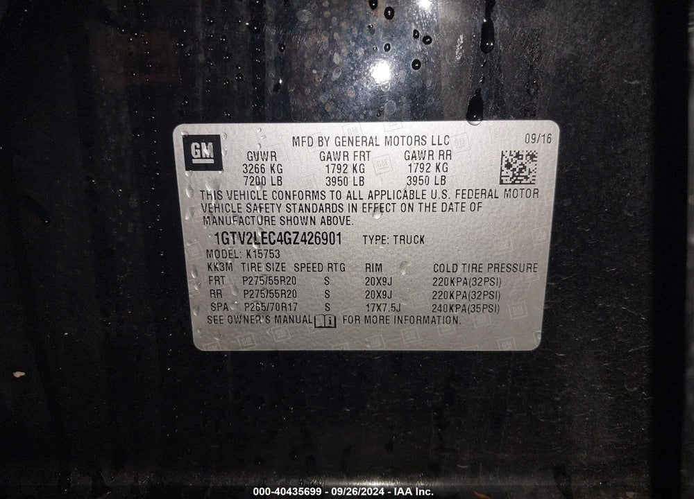 2016 GMC SIERRA 1500 VIN: 1GTV2LEC4GZ426901