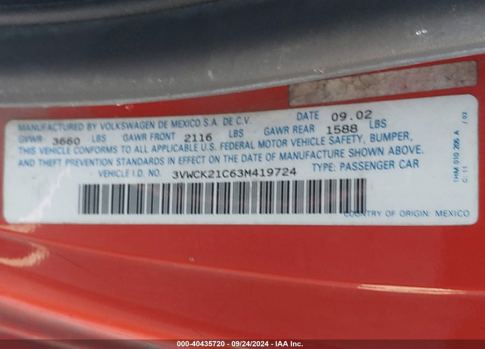 2003 VOLKSWAGEN NEW BEETLE GLS 2.0L VIN: 3VWCK21C63M419724