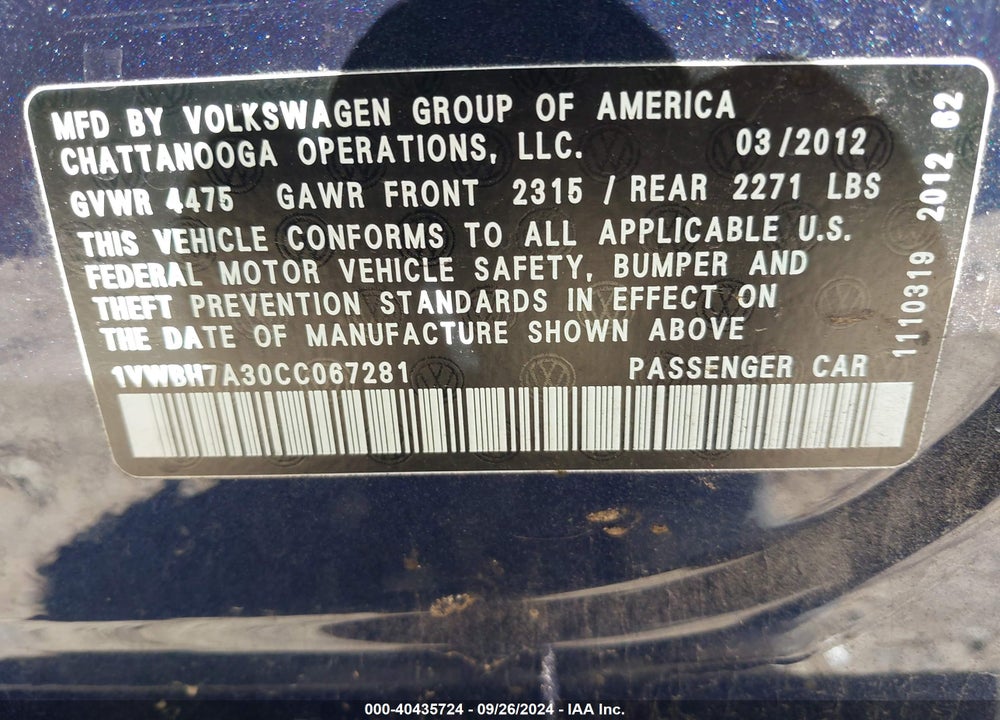 2012 VOLKSWAGEN PASSAT 2.5L SE VIN: 1VWBH7A30CC067281