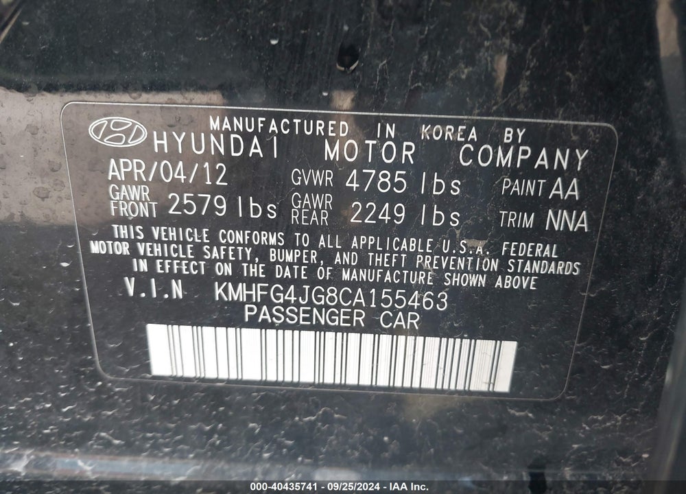 2012 HYUNDAI AZERA VIN: KMHFG4JG8CA155463