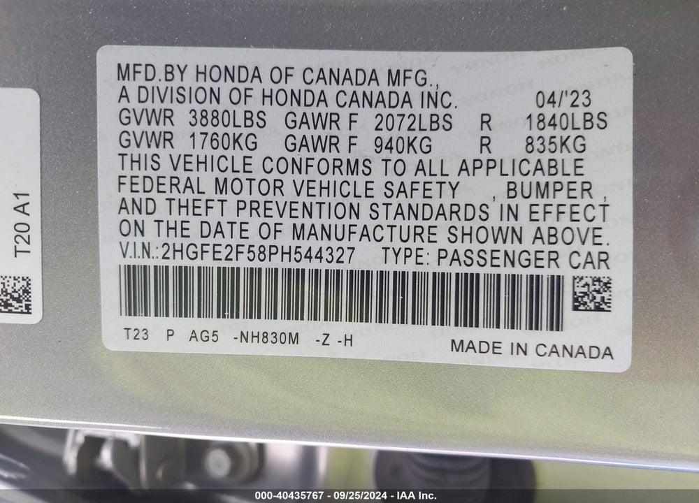 2023 HONDA CIVIC SPORT VIN: 2HGFE2F58PH544327