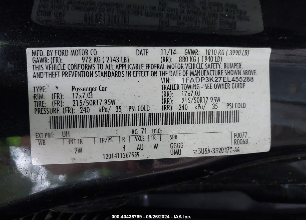 2014 FORD FOCUS SE VIN: 1FADP3K27EL455288