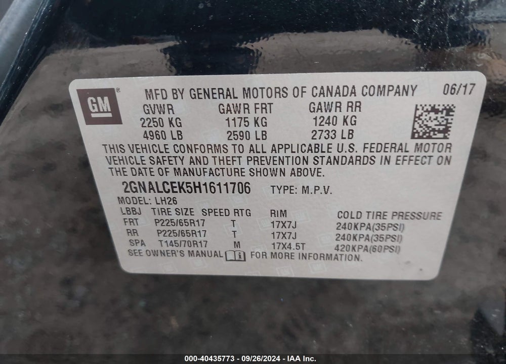 2017 CHEVROLET EQUINOX LT VIN: 2GNALCEK5H1611706