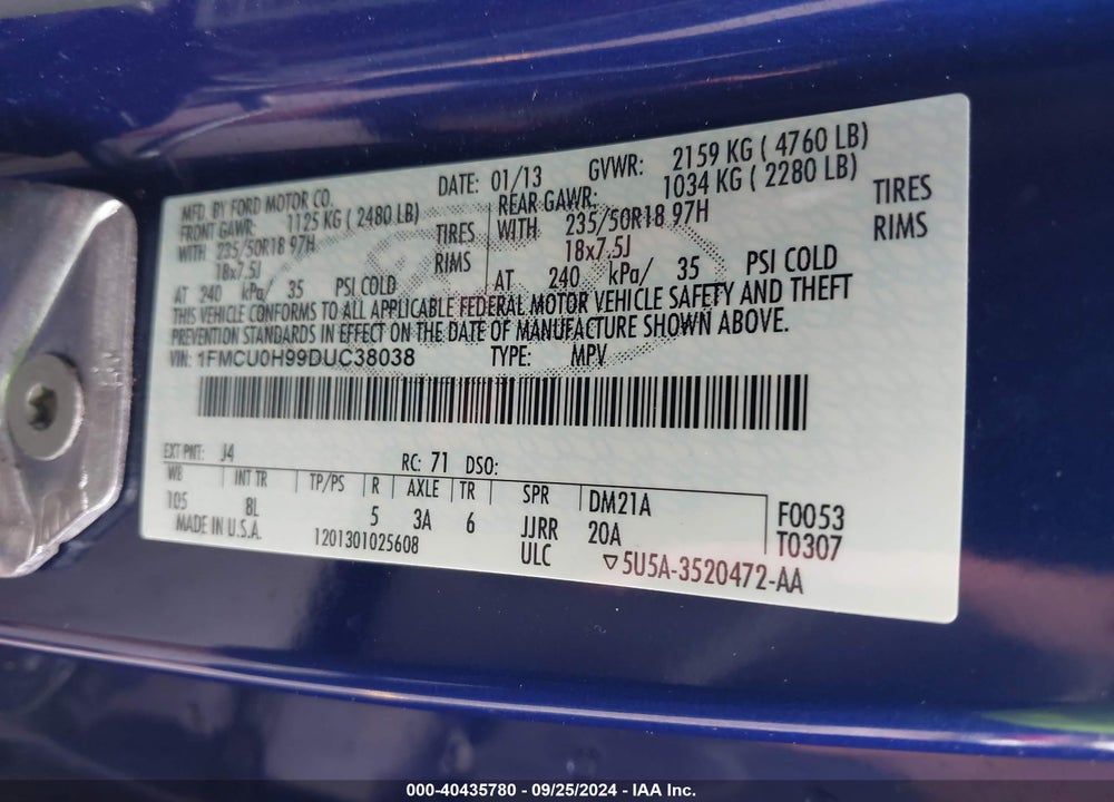 2013 FORD ESCAPE SEL VIN: 1FMCU0H99DUC38038