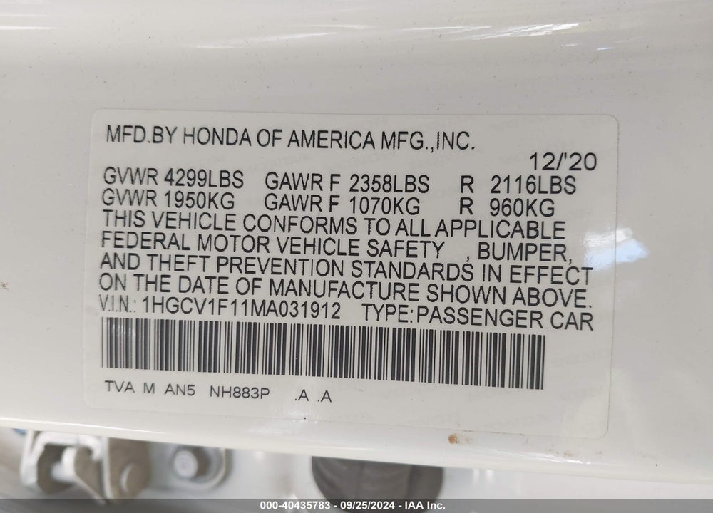 2021 HONDA ACCORD LX VIN: 1HGCV1F11MA031912