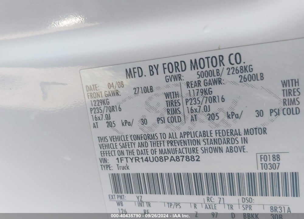 2008 FORD RANGER SPORT/XL/XLT VIN: 1FTYR14U08PA87882