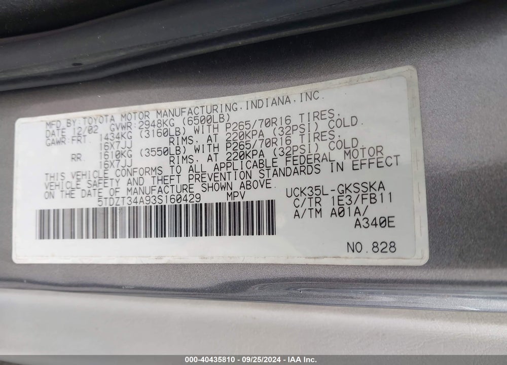 2003 TOYOTA SEQUOIA SR5 VIN: 5TDZT34A93S160429