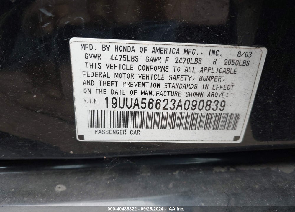 2003 ACURA TL 3.2 VIN: 19UUA56623A090839