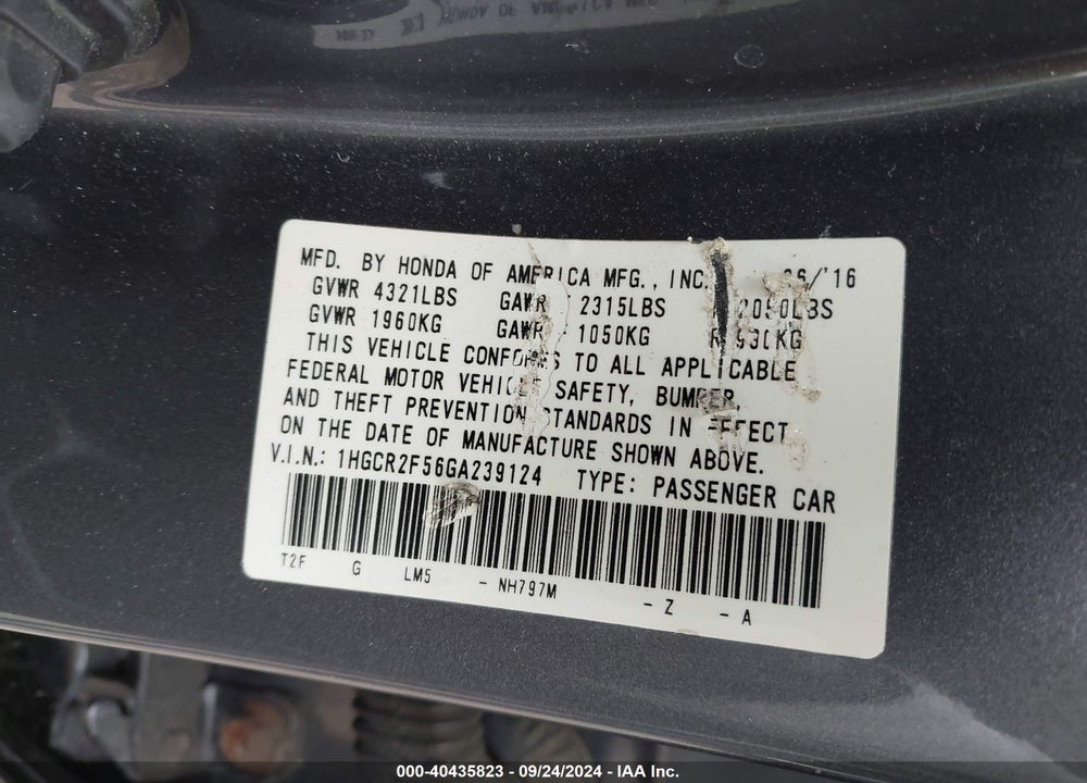 2016 HONDA ACCORD SPORT VIN: 1HGCR2F56GA239124