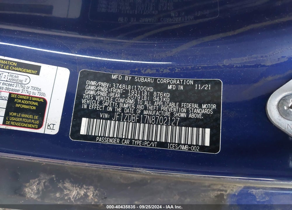 2022 SUBARU BRZ LIMITED VIN: JF1ZDBF17N8702127