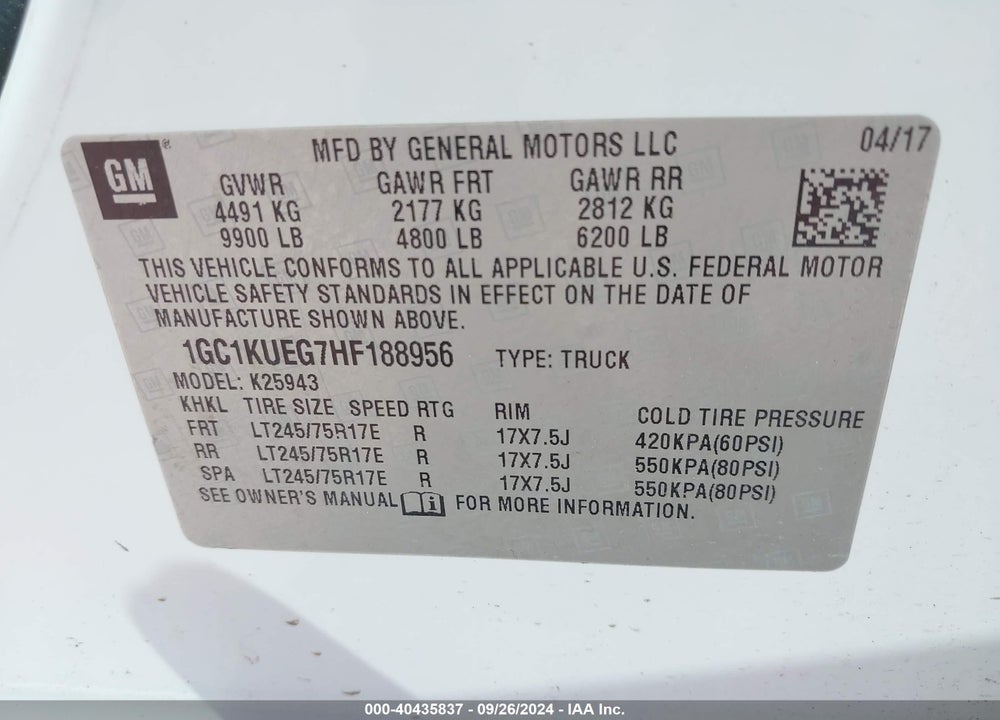 2017 CHEVROLET SILVERADO 2500HD WT VIN: 1GC1KUEG7HF188956