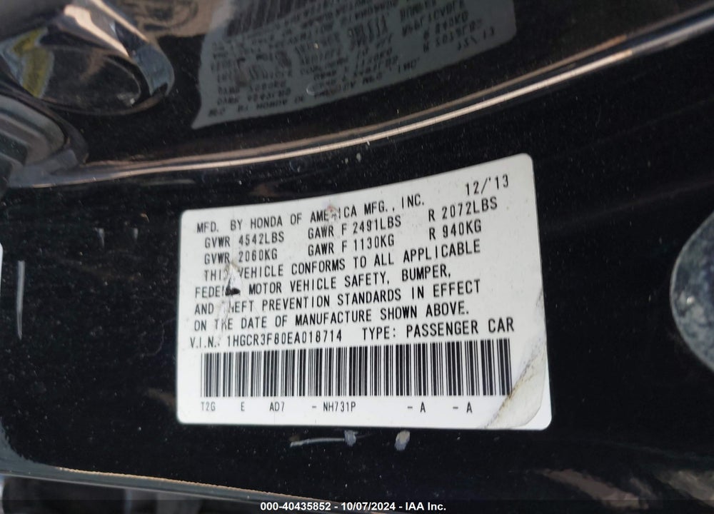 2014 HONDA ACCORD EX-L V-6 VIN: 1HGCR3F80EA018714