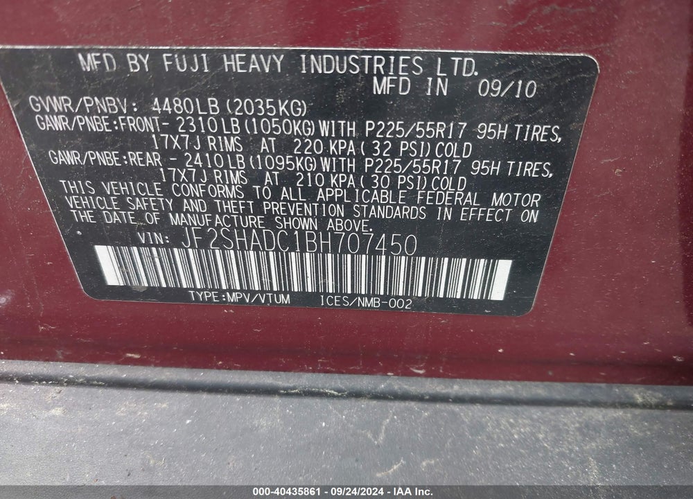 2011 SUBARU FORESTER 2.5X PREMIUM VIN: JF2SHADC1BH707450