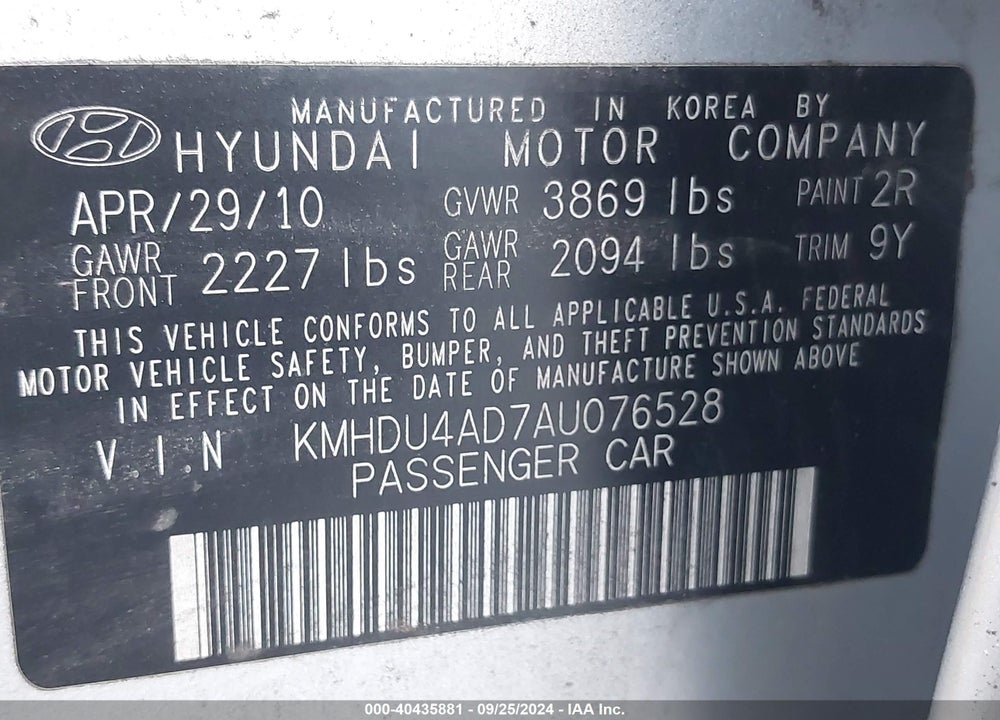 2010 HYUNDAI ELANTRA GLS VIN: KMHDU4AD7AU076528