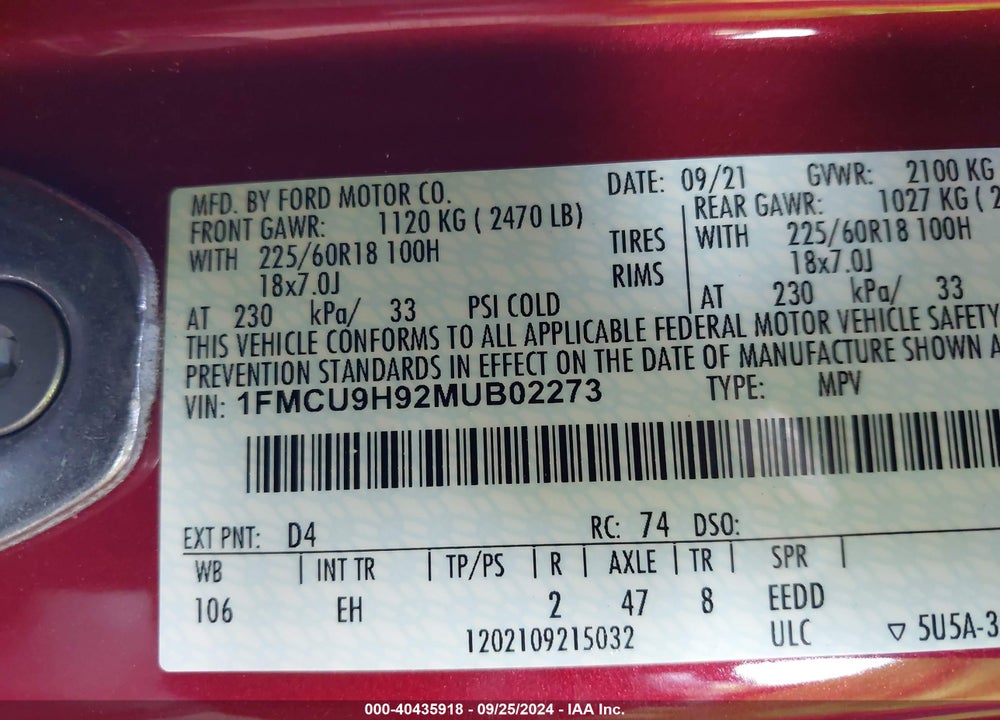 2021 FORD ESCAPE SEL VIN: 1FMCU9H92MUB02273
