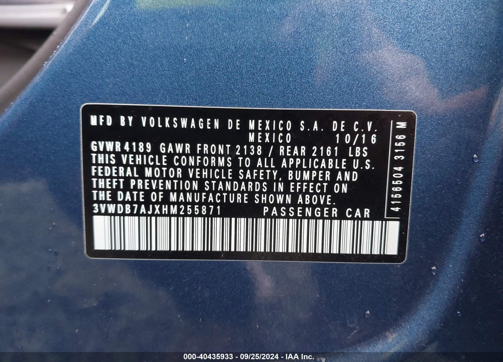 2017 VOLKSWAGEN JETTA 1.4T SE VIN: 3VWDB7AJXHM255871