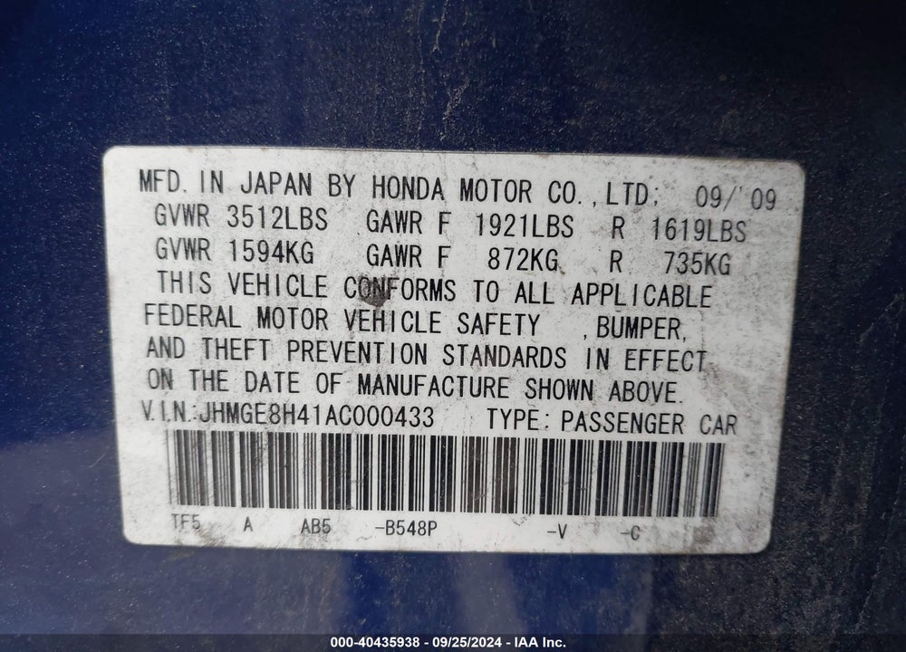 2010 HONDA FIT SPORT VIN: JHMGE8H41AC000433