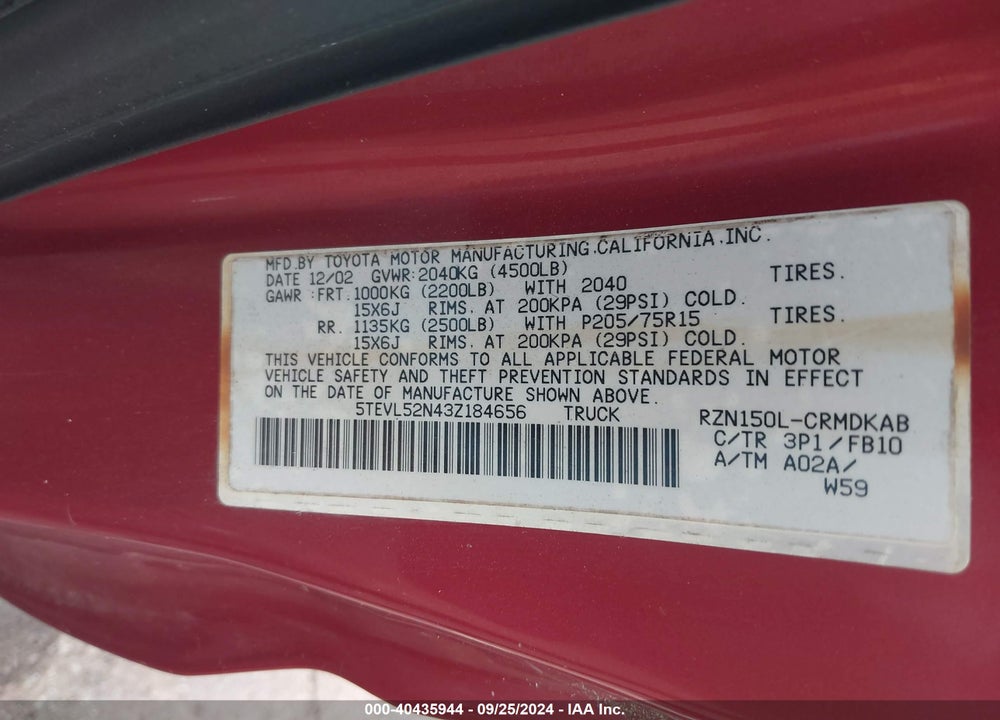 2003 TOYOTA TACOMA VIN: 5TEVL52N43Z184656