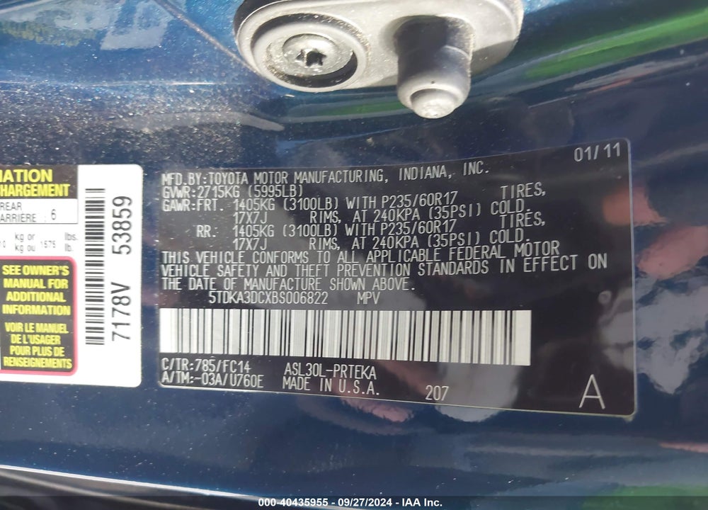 2011 TOYOTA SIENNA LE VIN: 5TDKA3DCXBS006822