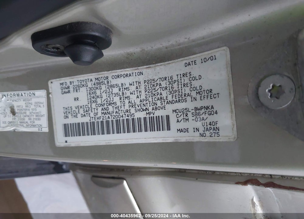 2002 TOYOTA HIGHLANDER V6 VIN: JTEHF21A720047495