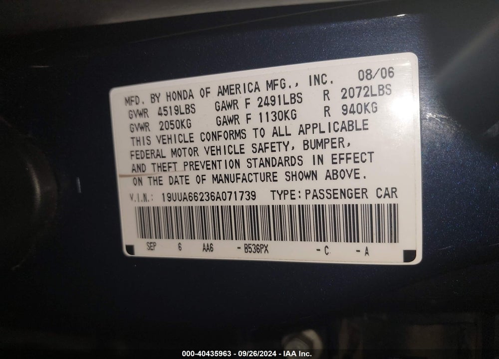 2006 ACURA TL VIN: 19UUA66236A071739