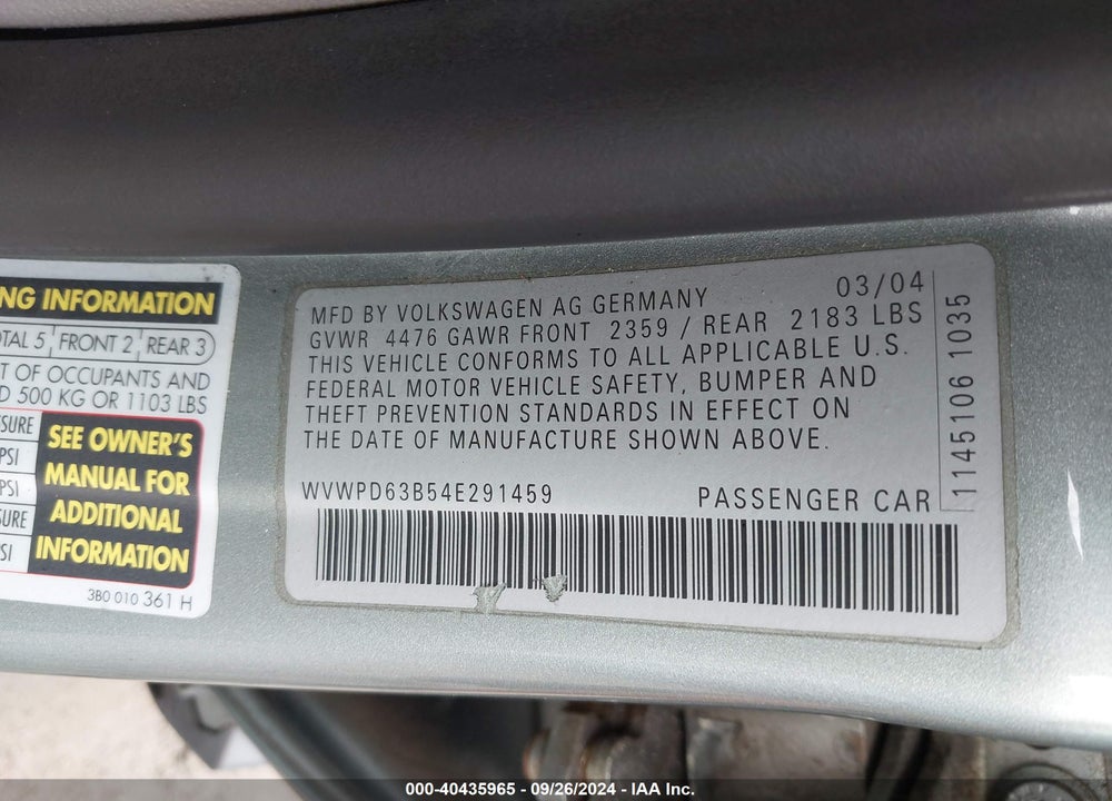 2004 VOLKSWAGEN PASSAT GLS VIN: WVWPD63B54E291459