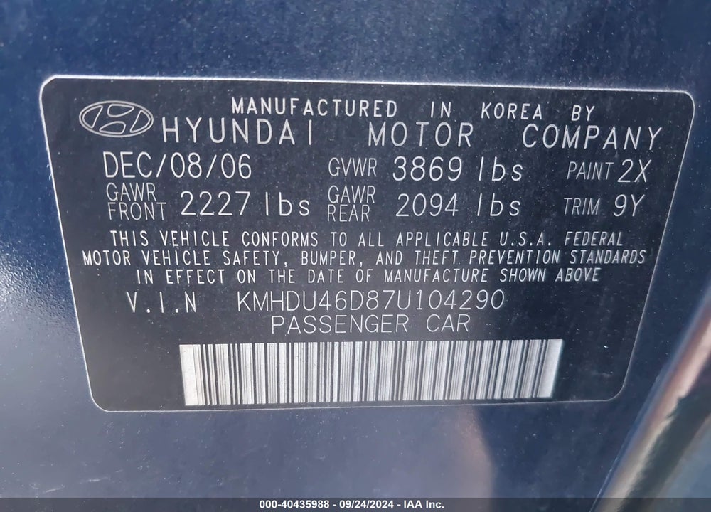 2007 HYUNDAI ELANTRA GLS/LIMITED/SE VIN: KMHDU46D87U104290