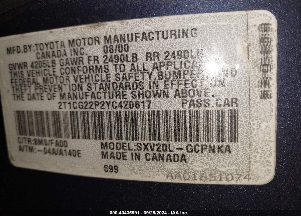 2000 TOYOTA CAMRY SOLARA SE VIN: 2T1CG22P2YC420617