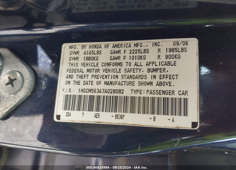2007 HONDA ACCORD 2.4 SE VIN: 1HGCM56347A028082