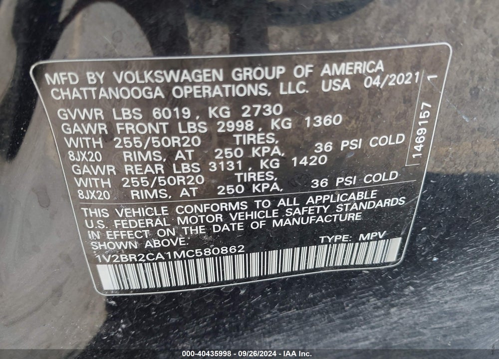 2021 VOLKSWAGEN ATLAS 3.6L V6 SEL VIN: 1V2BR2CA1MC580862