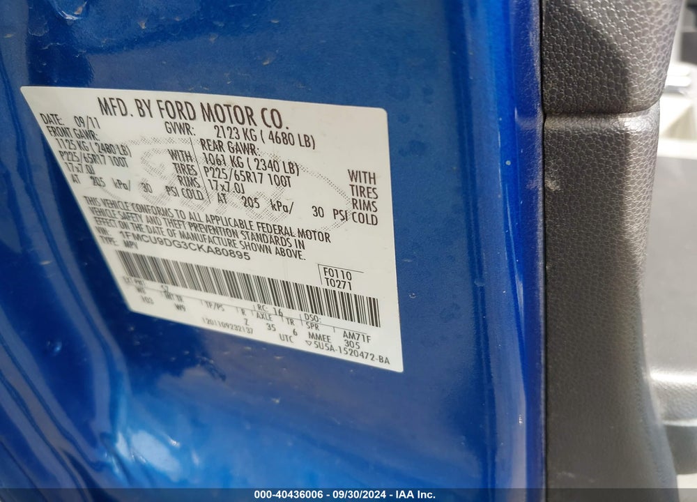 2012 FORD ESCAPE XLT VIN: 1FMCU9DG3CKA80895