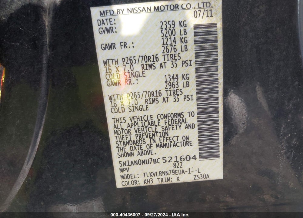 2011 NISSAN XTERRA S VIN: 5N1AN0NU7BC521604