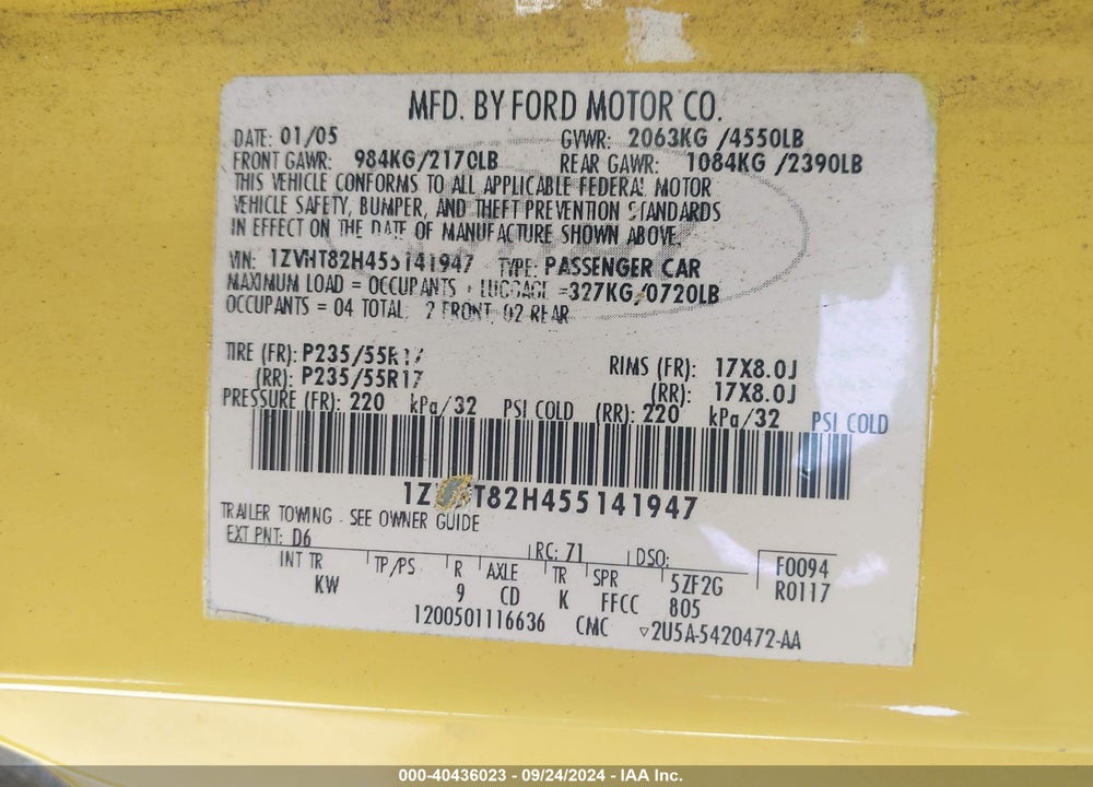 2005 FORD MUSTANG GT DELUXE/GT PREMIUM VIN: 1ZVHT82H455141947