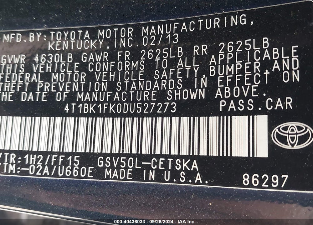 2013 TOYOTA CAMRY SE V6 VIN: 4T1BK1FK0DU527273