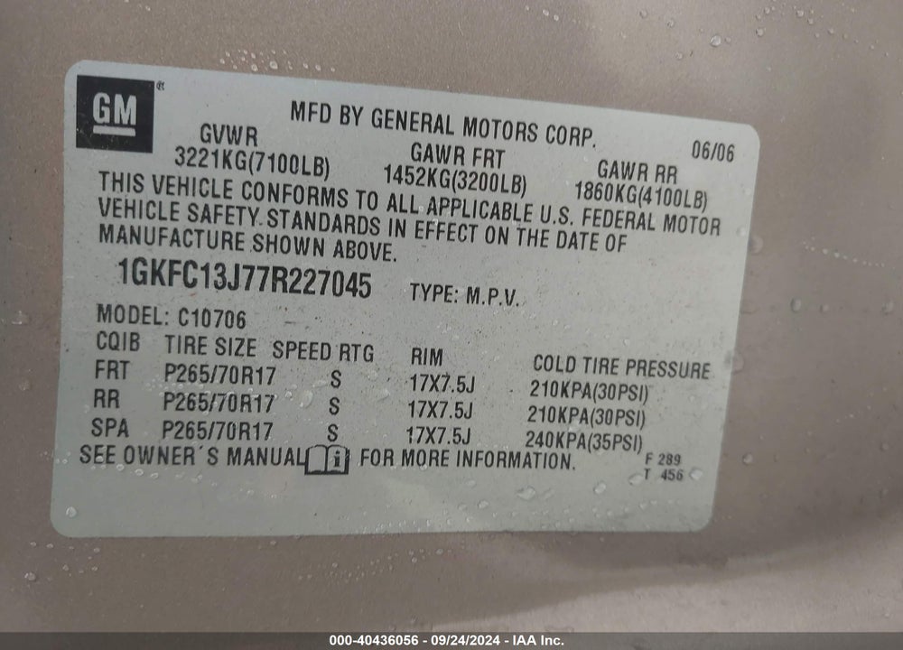 2007 GMC YUKON SLE VIN: 1GKFC13J77R227045