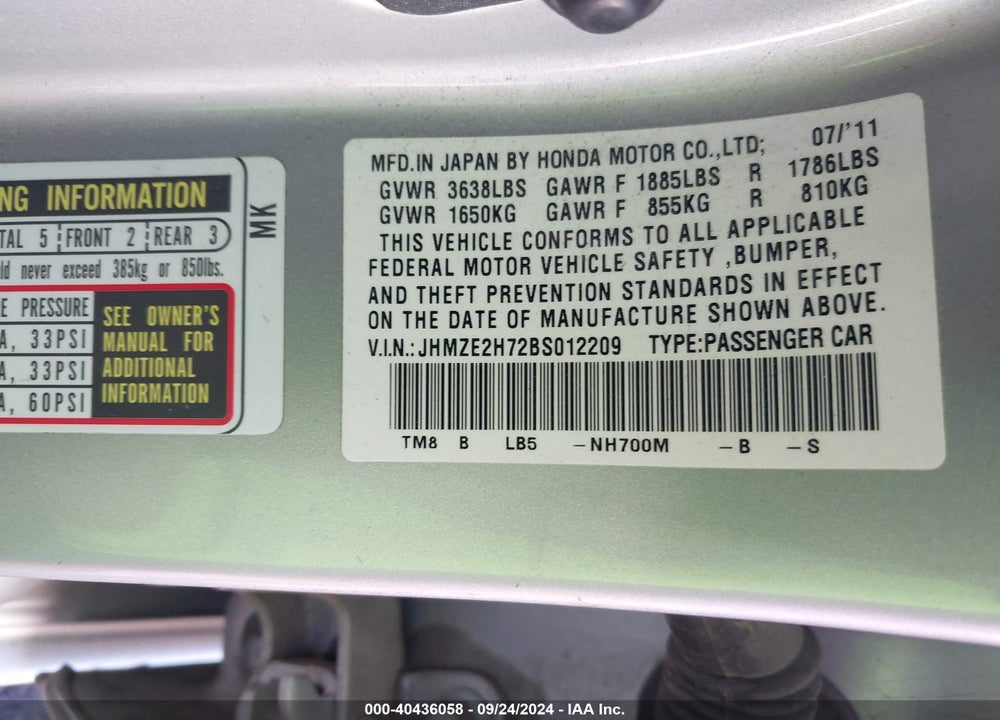 2011 HONDA INSIGHT EX VIN: JHMZE2H72BS012209