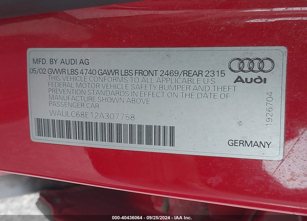 2002 AUDI A4 1.8T VIN: WAULC68E12A307758