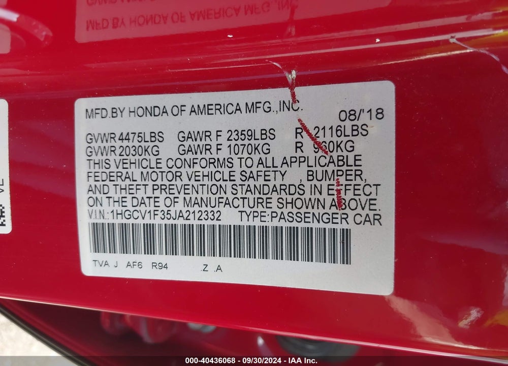 2018 HONDA ACCORD SPORT VIN: 1HGCV1F35JA212332