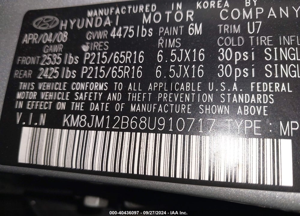 2008 HYUNDAI TUCSON GLS VIN: KM8JM12B68U910717