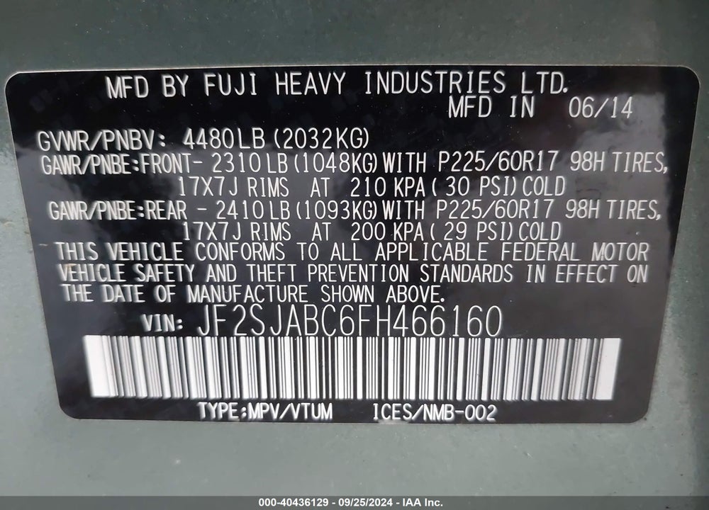 2015 SUBARU FORESTER 2.5I VIN: JF2SJABC6FH466160