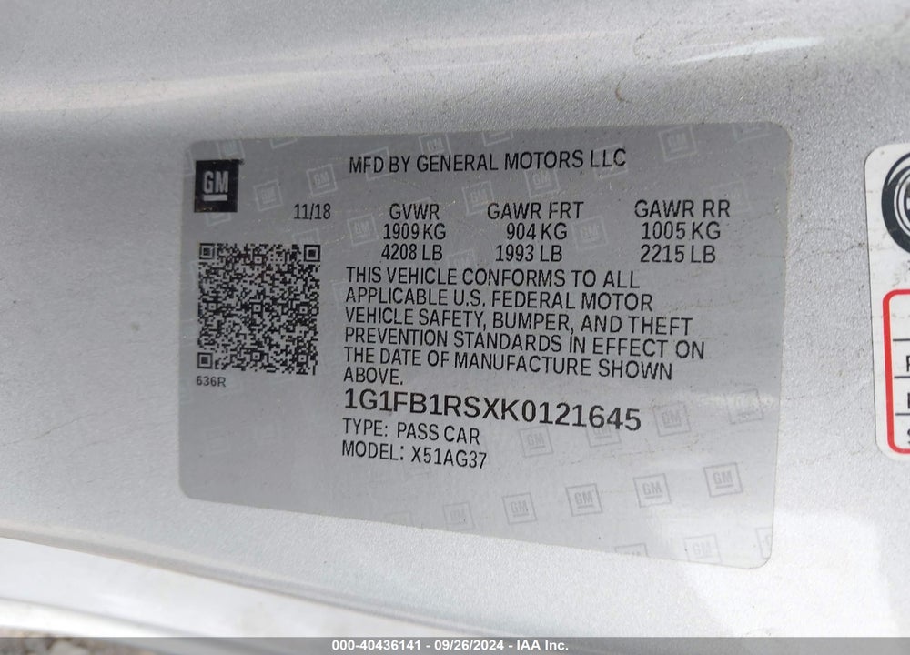 2019 CHEVROLET CAMARO 1LT VIN: 1G1FB1RSXK0121645