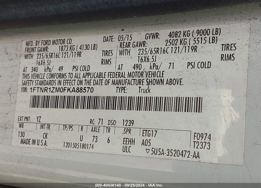2015 FORD TRANSIT-250 VIN: 1FTNR1ZM0FKA88570