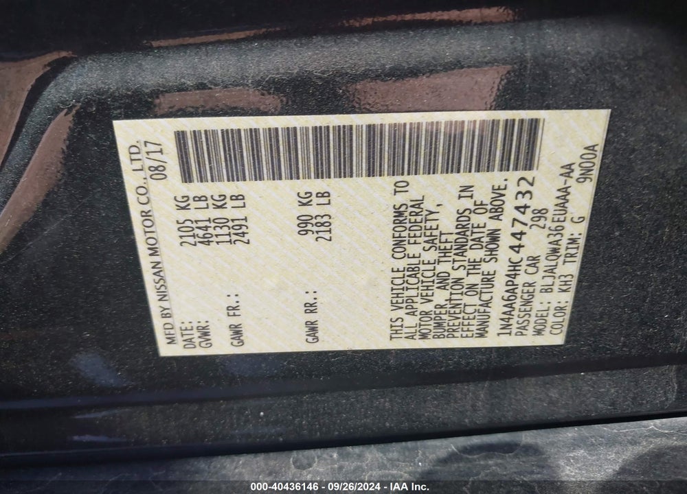 2017 NISSAN MAXIMA 3.5 S VIN: 1N4AA6AP4HC447432