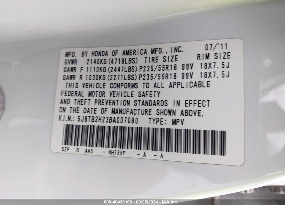 2011 ACURA RDX VIN: 5J8TB2H23BA007080