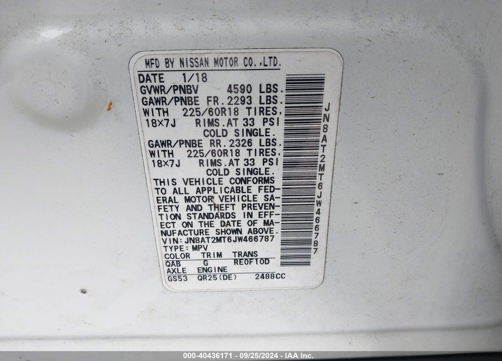 2018 NISSAN ROGUE SL VIN: JN8AT2MT6JW466787
