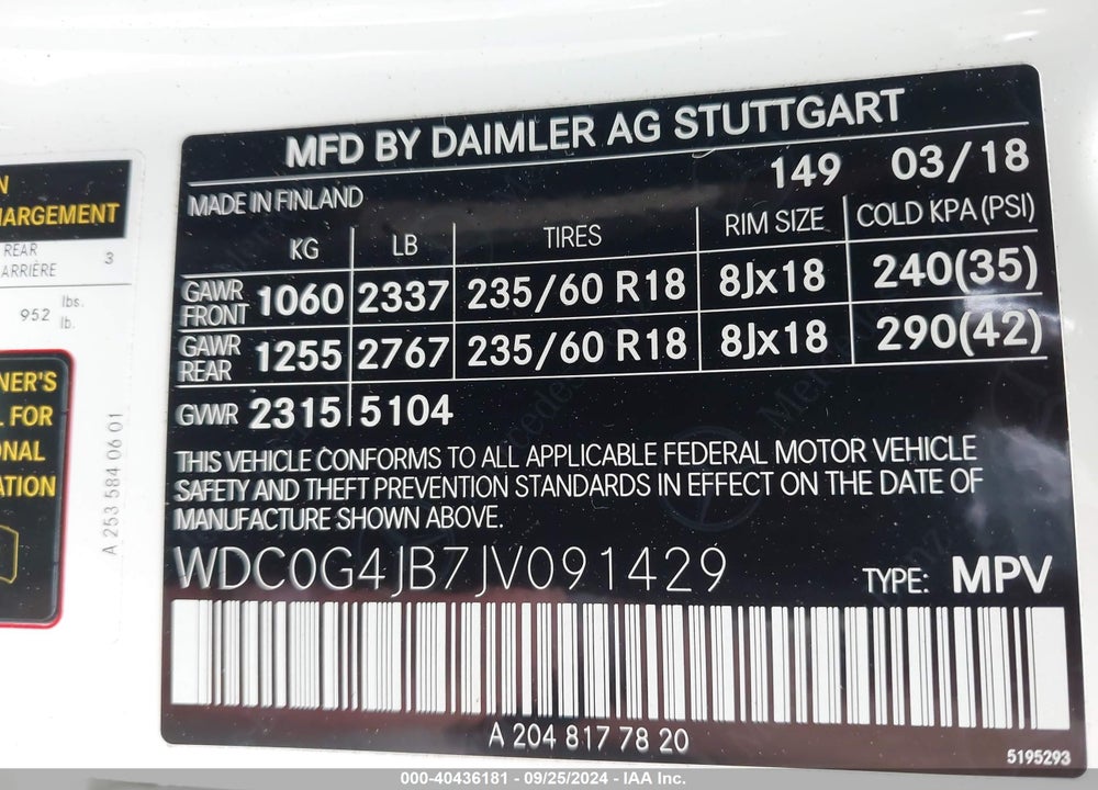 2018 MERCEDES-BENZ GLC 300 VIN: WDC0G4JB7JV091429
