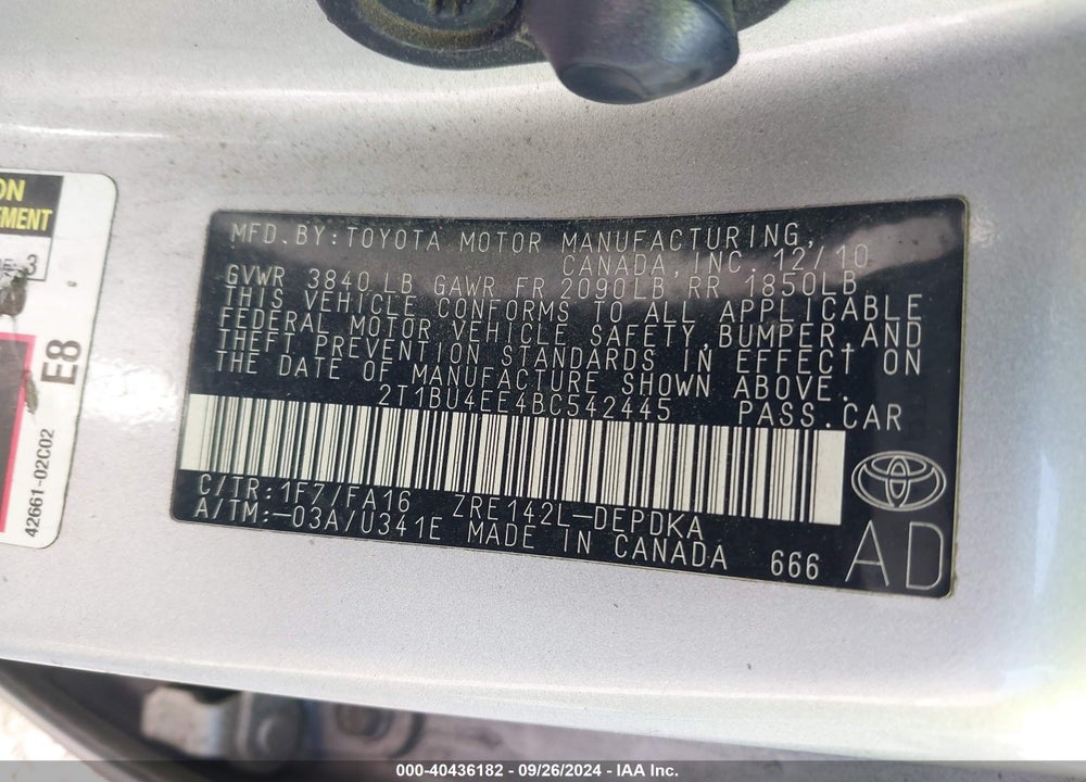 2011 TOYOTA COROLLA VIN: 2T1BU4EE4BC542445