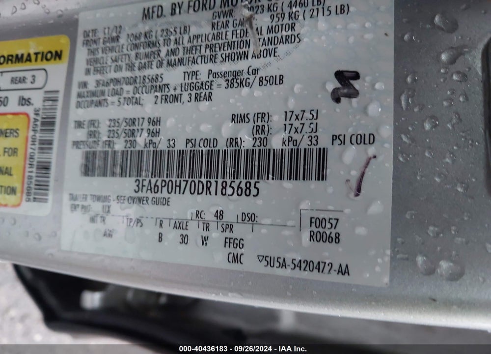 2013 FORD FUSION SE VIN: 3FA6P0H70DR185685